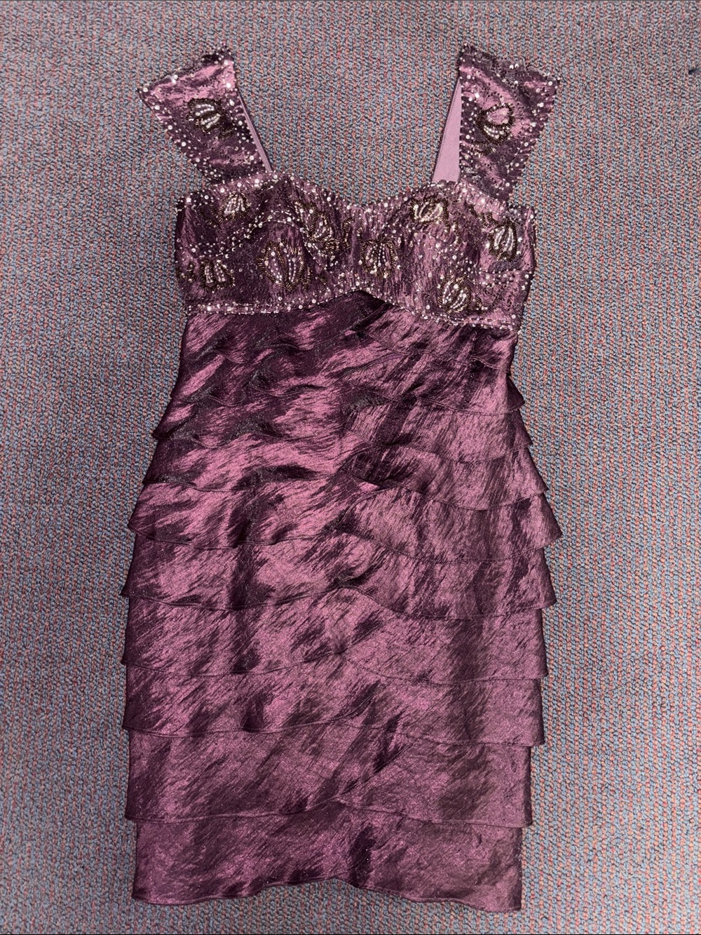 Embellished Mauve Mini Dress with Layered Ruffle Skirt